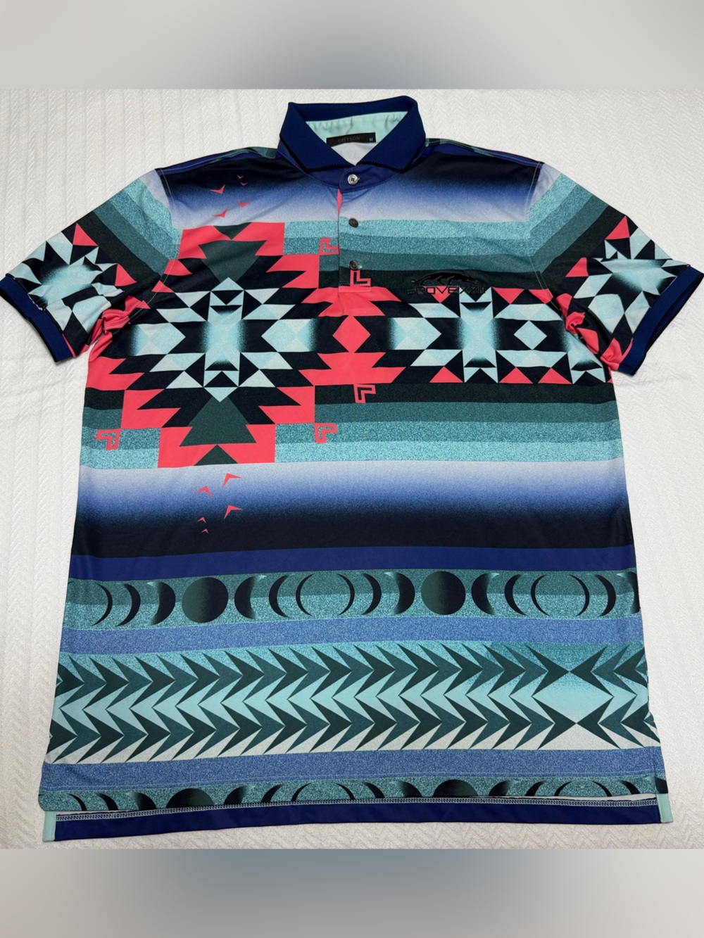 Greyson Grove XXIII Aztec Geometric Big Sky Golf Polo Shirt Skystone Size Medium